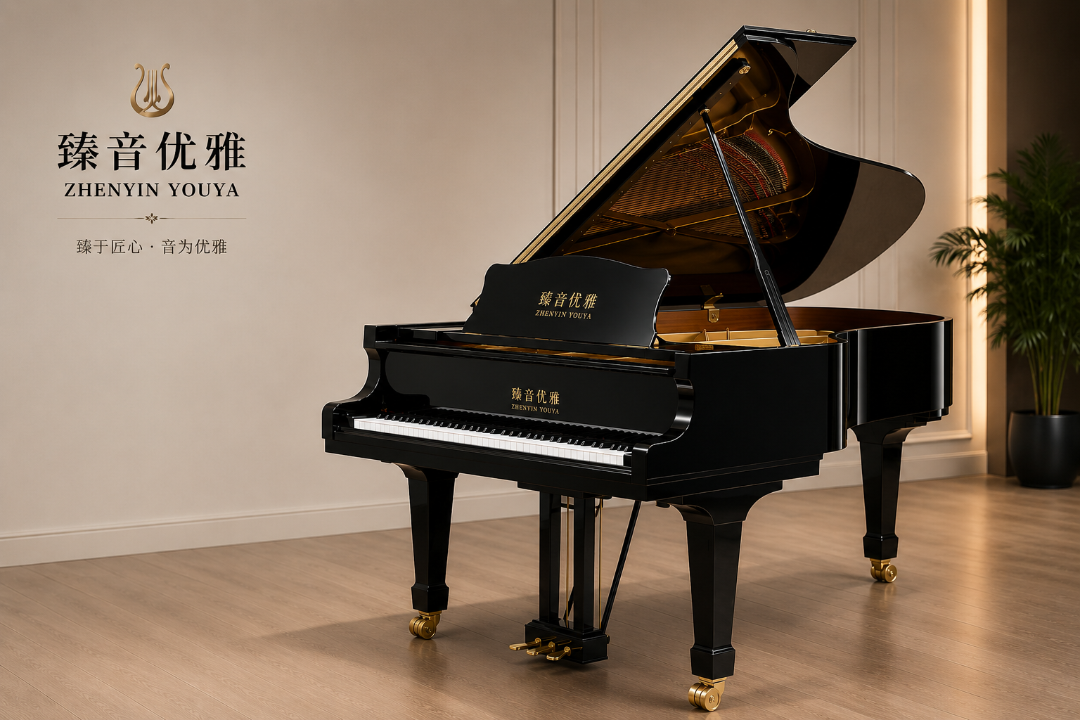 臻音优雅黑色三角钢琴展示图